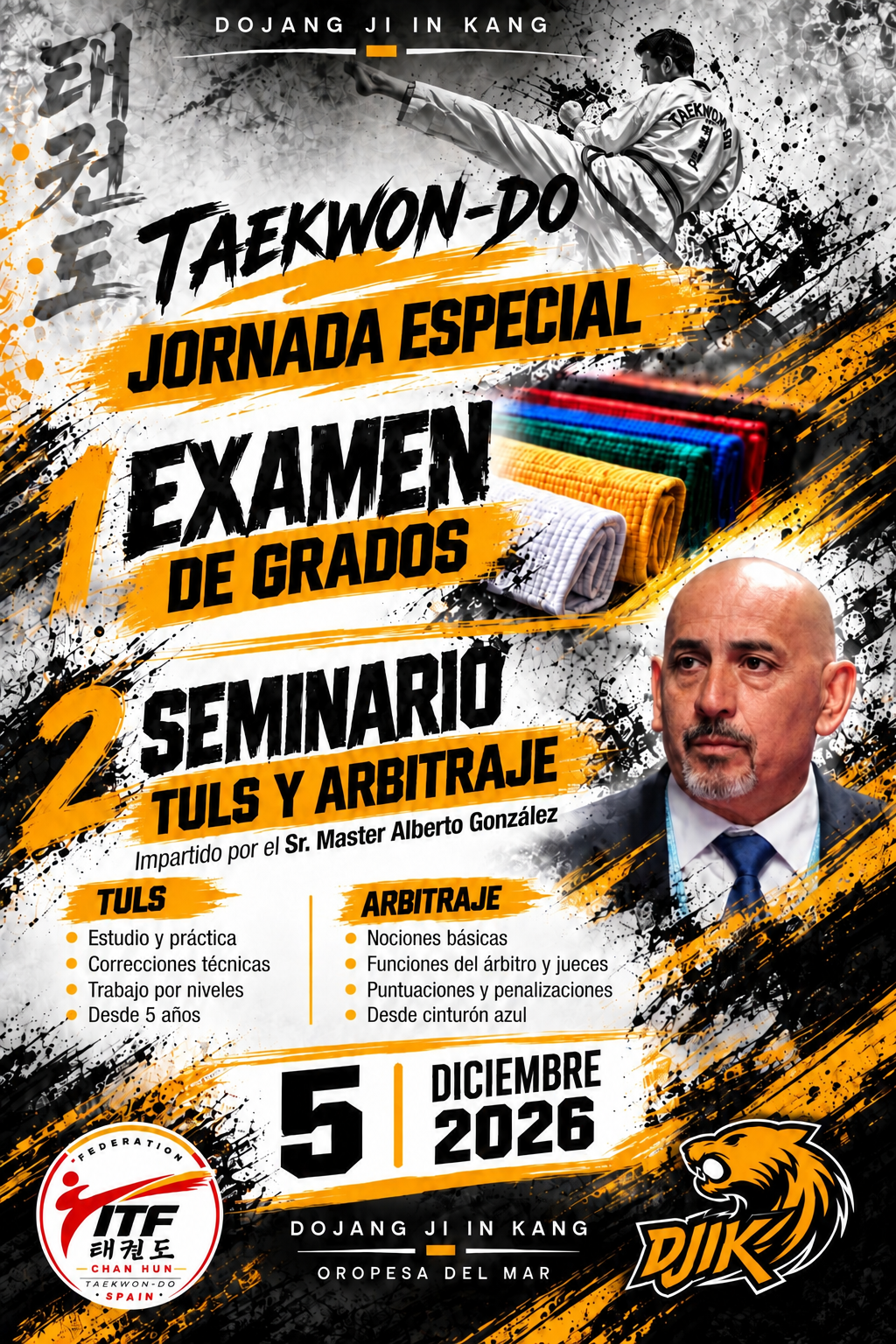 Cartel de la jornada especial de Taekwon-Do con examen de grados, seminario de Tuls y arbitraje del 5 de diciembre de 2026